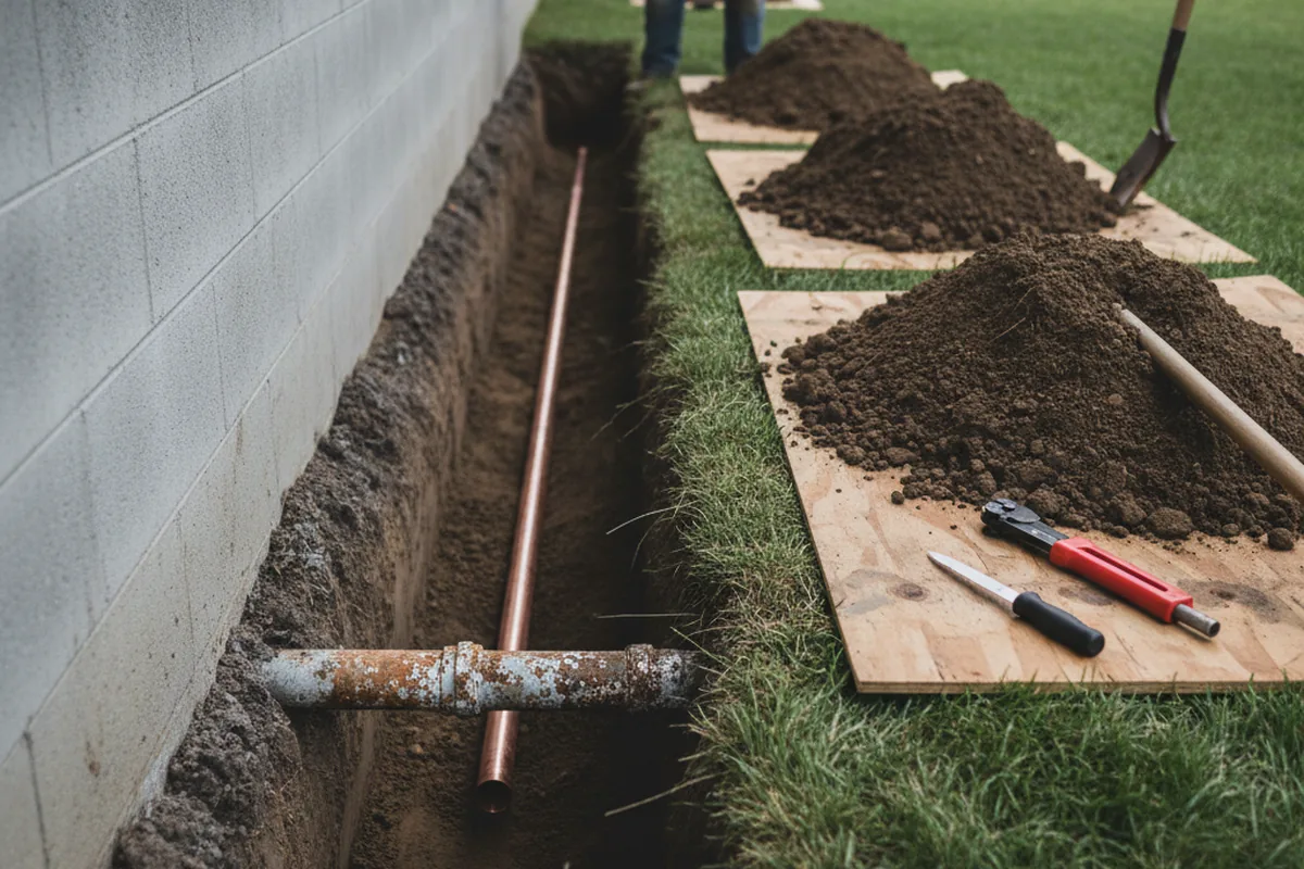 Excavated water line trench during Water Heater Repair in Odum